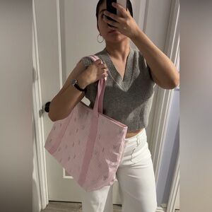 Victoria's Secret Shine Large Striped Logo Tote Bag (Pink & White)